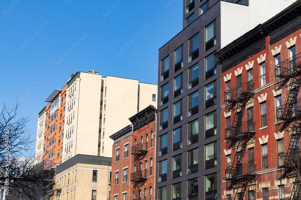 Row of Colorful Apartment Buildings in Harlem of New York City
