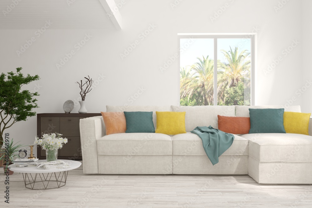 Fototapeta premium White living room with sofa and summer landscape in window. Scandinavian interior design. 3D illustration