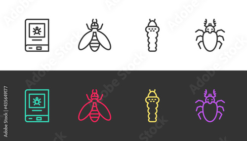 Set line Book about insect, Bee, Larva and Beetle deer on black and white. Vector
