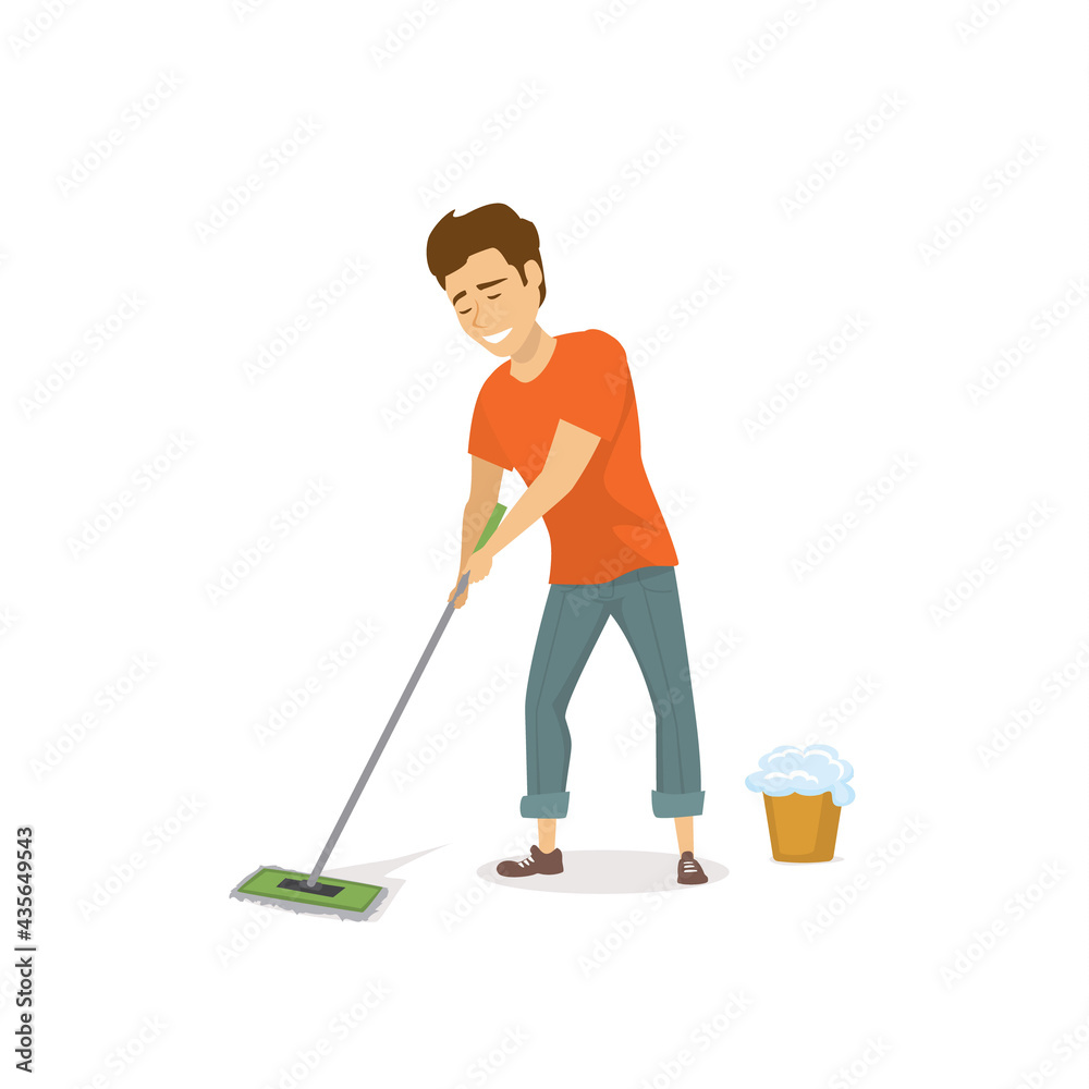 man at household activity, washing mopping floor isolated cartoon graphic man at household activity, washing mopping floor isolated cartoon graphic