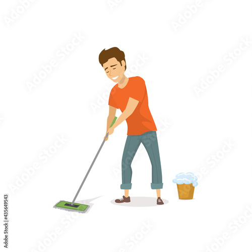 man at household activity, washing mopping floor isolated cartoon graphic