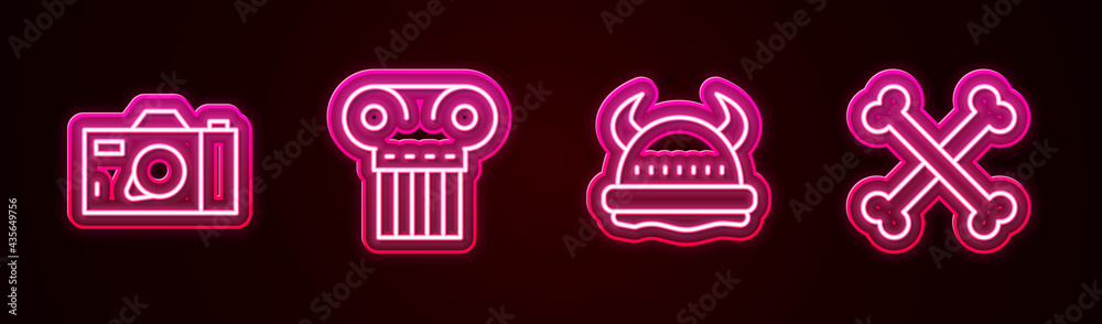 Set line Photo camera, Ancient column, Viking in horned helmet and Crossed human bones. Glowing neon icon. Vector Set line Photo camera, Ancient column, Viking in horned helmet and Crossed human bones. Glowing neon icon. Vector