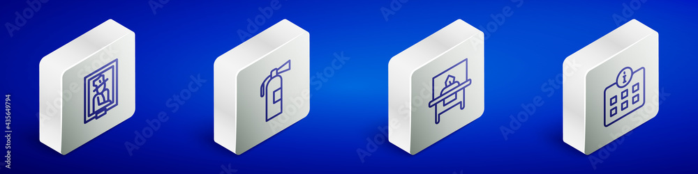 Set Isometric line Portrait in museum, Fire extinguisher, Glass showcase for exhibit and Information icon. Vector Set Isometric line Portrait in museum, Fire extinguisher, Glass showcase for exhibit and Information icon. Vector