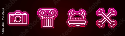 Set line Photo camera, Ancient column, Viking in horned helmet and Crossed human bones. Glowing neon icon. Vector