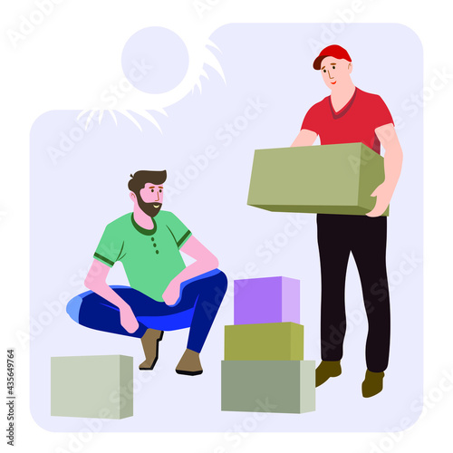 Men deliver packages. Delivery service. Vector illustration.