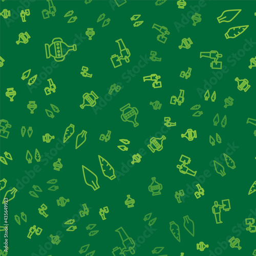 Set line Ancient amphorae, Stone age arrow head and Museum guide on seamless pattern. Vector