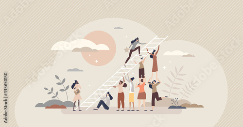 Encouragement for female career and woman motivation tiny person concept. Crowd appreciation and cheering with work support and collaboration vector illustration. Feminism bonus as confidence boost.