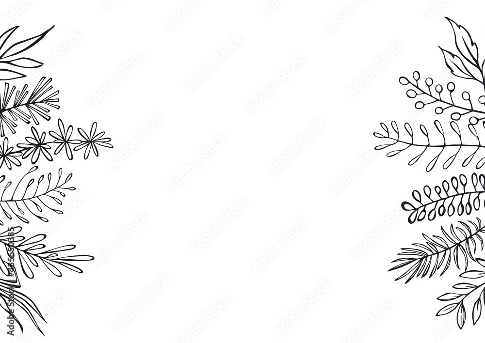 floral hand drawn outlined twigs branches sides frame background