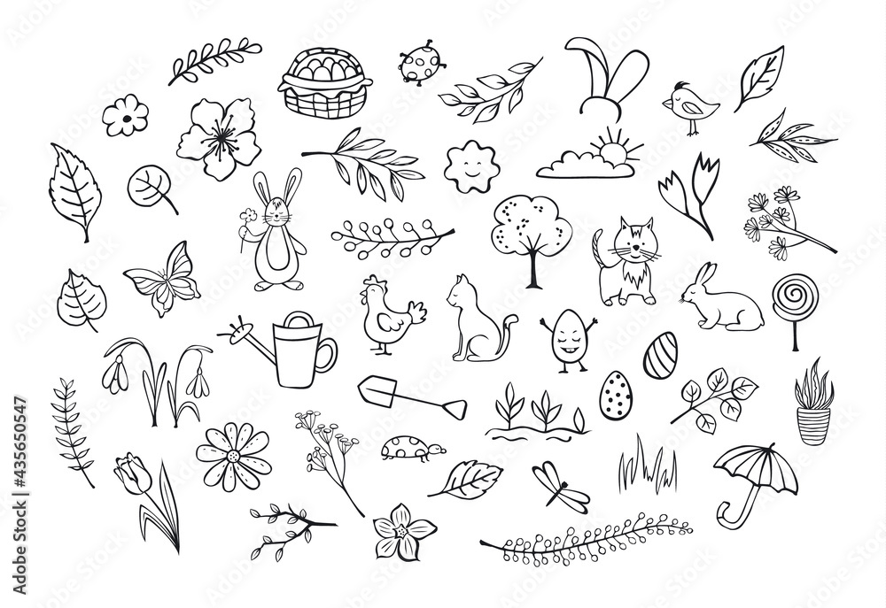springtime easter outlined hand drawn simple childlike doodles set