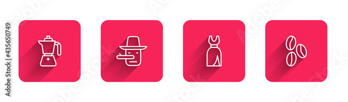 Set line Coffee moca pot, Pinocchio, Woman dress and beans with long shadow. Red square button. Vector