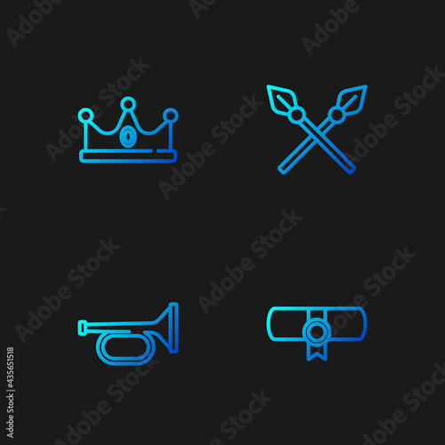 Set line Decree, parchment, scroll, Trumpet, King crown and Crossed medieval spears. Gradient color icons. Vector