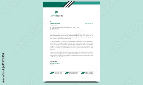 Simple  abstract modern fresh company professional official unique creative corporate business style letterhead design template with clean black and green shapes.