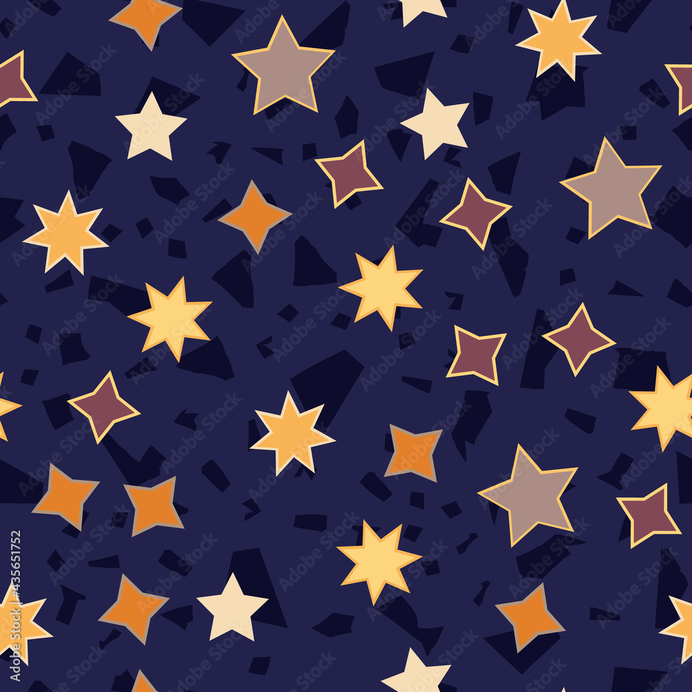 Star pattern, asteroids. Seamless repeating space background with different cosmic flashes in the sky, for baby, kid, child. For textiles, fabrics and printing. Packaging design, wrapping paper.Vector Star pattern, asteroids. Seamless repeating space background with different cosmic flashes in the sky, for baby, kid, child. For textiles, fabrics and printing. Packaging design, wrapping paper.Vector