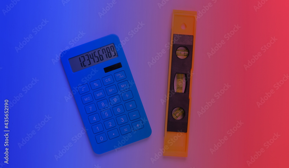 Building level and calculator in neon light Building level and calculator in neon light