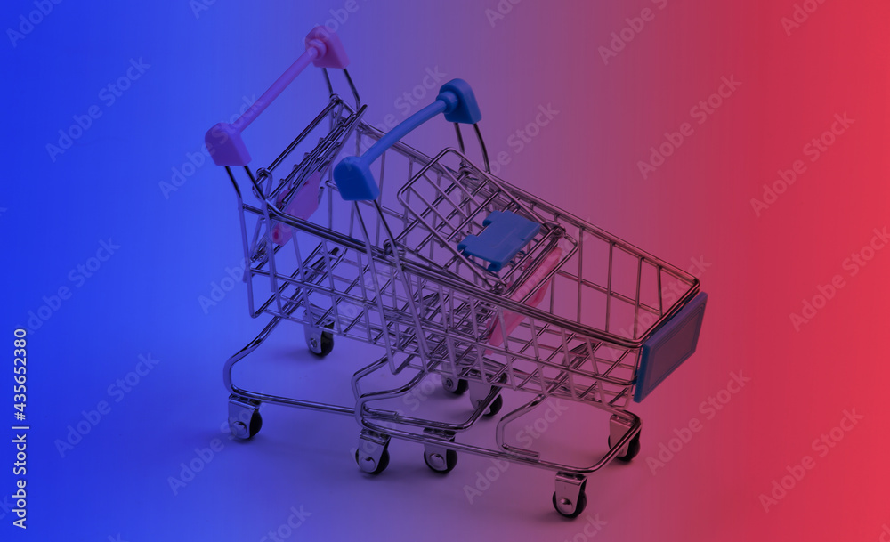 Two mini supermarket trolleys on a white background. Shopping concept.