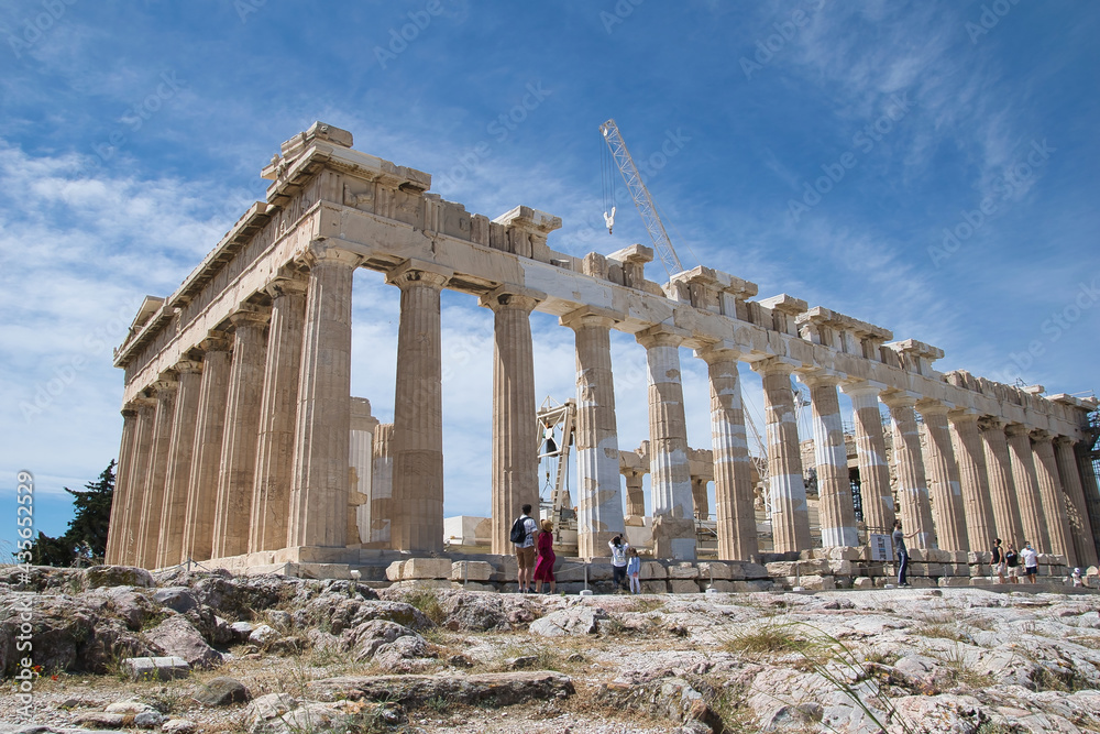 Obraz premium Parthenon is a temple of classical Athens, in the Athenian Acropolis of Greece, dedicated to the goddess Athena. Athens, Greece 5-18-2021