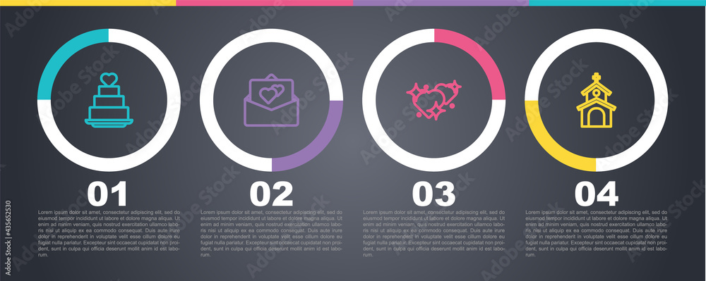 Set line Wedding cake with heart, Greeting card, Two Linked Hearts and Church building. Business infographic template. Vector