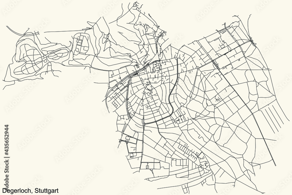 Black simple detailed street roads map on vintage beige background of the quarter Stadtbezirk Degerloch district of Stuttgart, Germany
