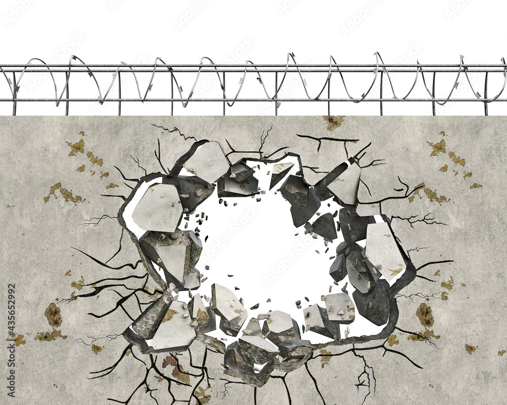 A hole with blowing pieces in wall with barbed wire, escape concept, 3d illustration - obrazy, fototapety, plakaty 