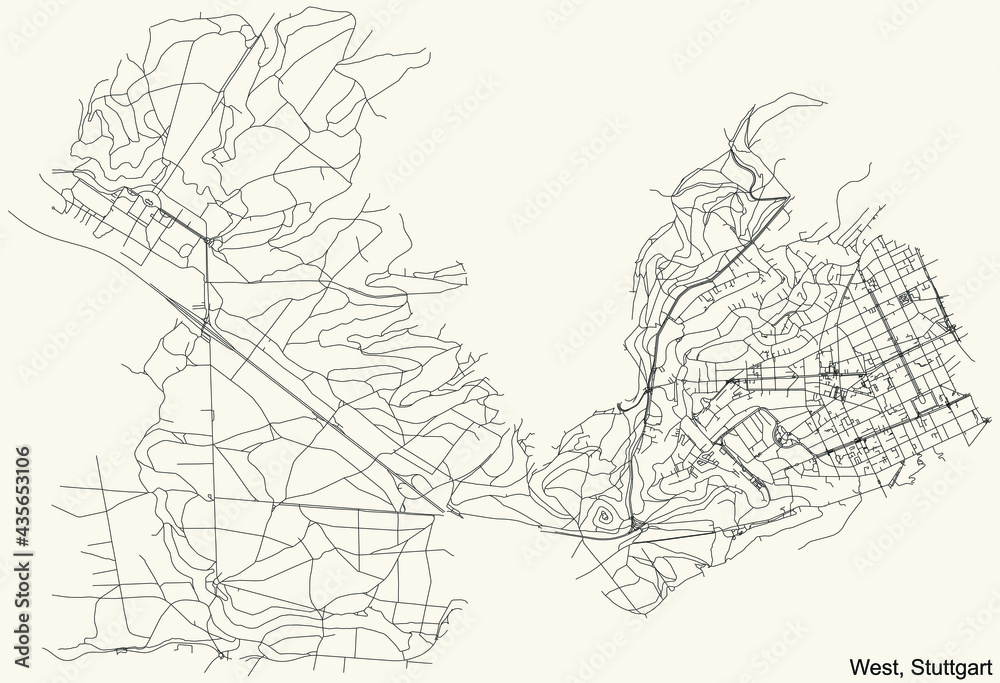 Obraz premium Black simple detailed street roads map on vintage beige background of the quarter Stadtbezirk West district of Stuttgart, Germany