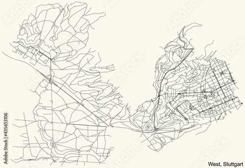 Black simple detailed street roads map on vintage beige background of the quarter Stadtbezirk West district of Stuttgart, Germany