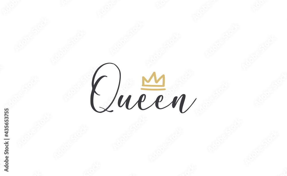 Queen word lettering with gold doodle crown. Vector illustration, calligraphic style text. Queen word lettering with gold doodle crown. Vector illustration, calligraphic style text.