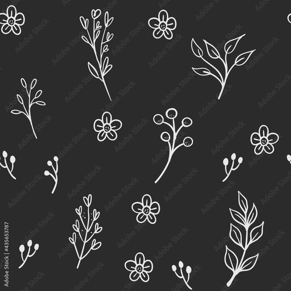 Floral and herbal ornaments seamless pattern. Hand drawn leaves and branches texture background. Nature doodles decoration.