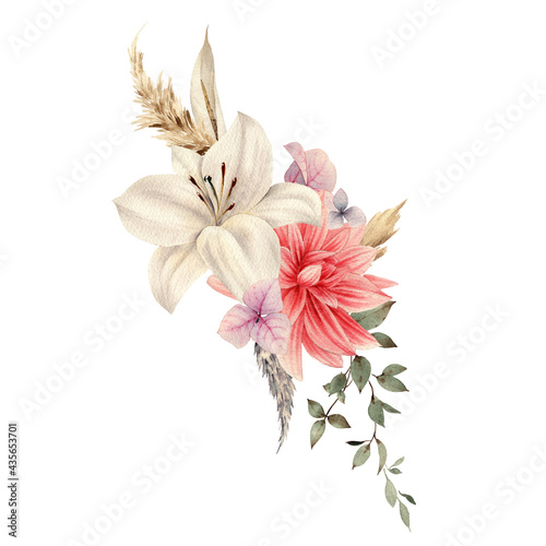 Bouquet of pastel flowers  can be used as greeting card  invitation card for wedding  birthday and other holiday and  summer background. Watercolor illustration