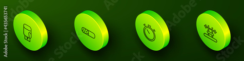 Set Isometric line Boxing glove, Vitamin pill, Stopwatch and Bench with barbel icon. Vector