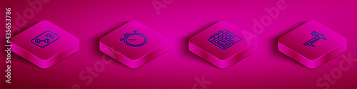 Set Isometric line Fitness club, gym card, Stopwatch, Calendar fitness and Bench with barbel icon. Vector