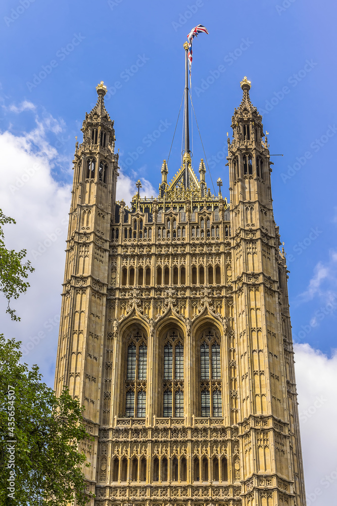 Victoria Tower - largest and tallest (98 m) tower of Palace of Westminster. Palace of Westminster (or Houses of Parliament) located in City of Westminster, London.