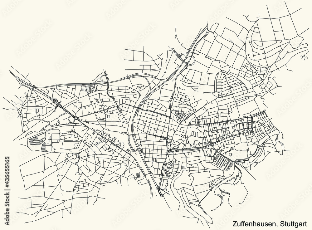 Black simple detailed street roads map on vintage beige background of the quarter Stadtbezirk Zuffenhausen district of Stuttgart, Germany