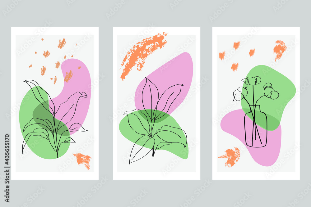 Set of creative oneline hand painted illustrations with decorative tropical branches, leaves ,cotton plant and abstract color spots, drops. For postcard, poster, brochure, cover design.