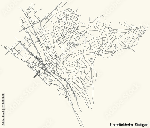 Black simple detailed street roads map on vintage beige background of the quarter Stadtbezirk Untertürkheim district of Stuttgart, Germany