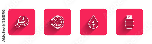 Set line Lightning bolt, Power button, Water energy and Propane gas tank with long shadow. Red square button. Vector
