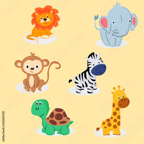 Fototapeta Naklejka Na Ścianę i Meble -  Animal set. Safari Animals. Print for t-shirt, bedding or clothing. Children's animals. Lion, elephant, monkey, zebra, turtle and giraffe.