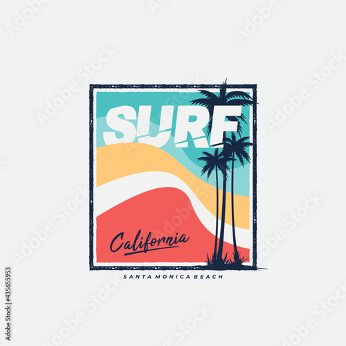 Vector illustration on the theme of surf rider and surfing in hawaii beach. palm background. Vintage design for t shirt print,etc. 