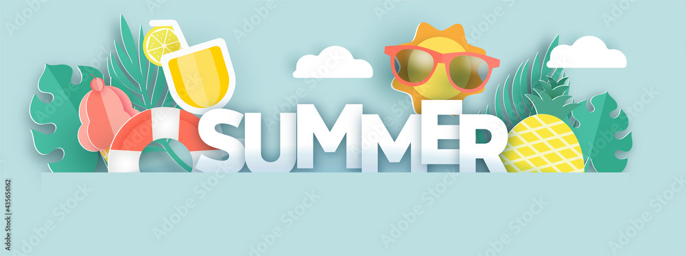 Summer banner with summer elements in paper cut style