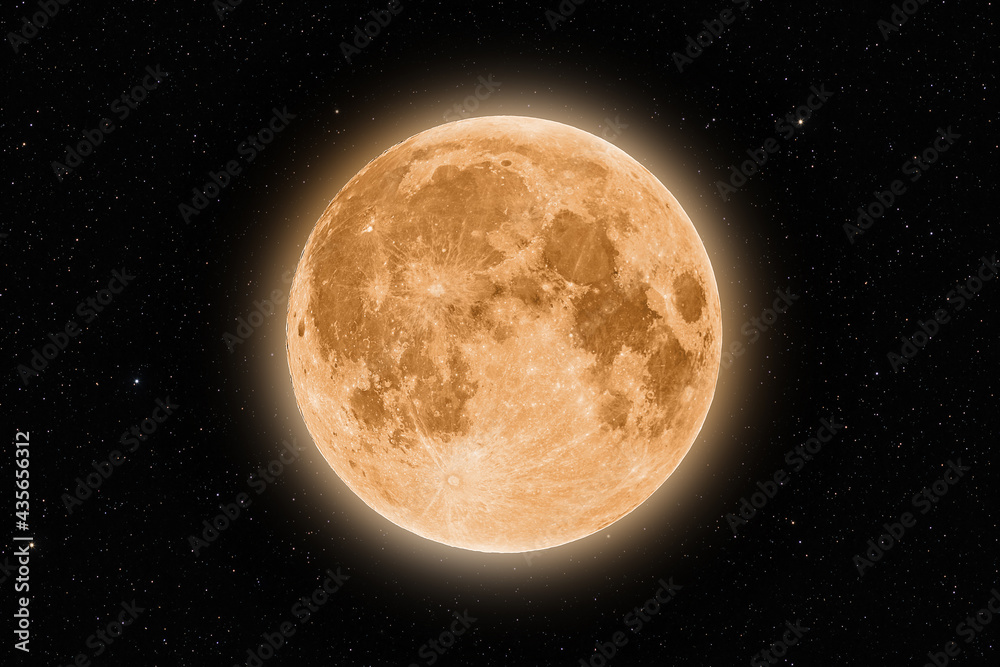 Full orange supermoon halo glowing surrounded by stars on black night sky background
