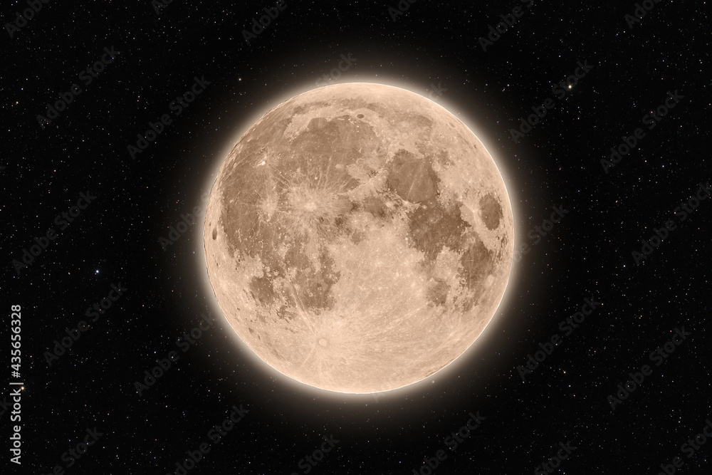 Full brown supermoon halo glowing surrounded by stars on black night sky background