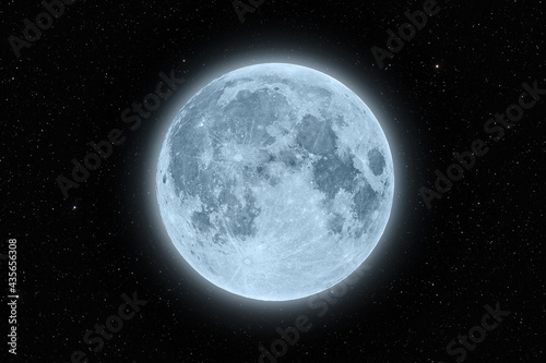 Full supermoon blue cold with halo glowing surrounded by stars on black night sky background