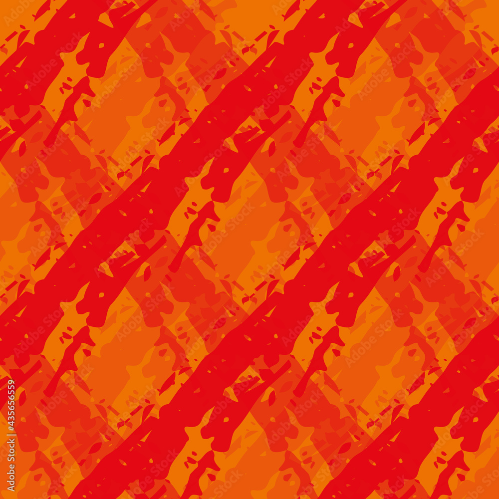 Vector diamond flame effect seamless pattern background. Painterly brush stroke effect criss cross backdrop. Red orange diagonal woven style geometric grid design. Duotone texture for hot summer.