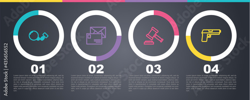 Set line Ball on chain, Envelope, Judge gavel and Pistol or gun. Business infographic template. Vector