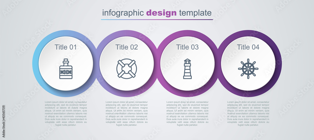 Set line Alcohol drink Rum, Lifebuoy, Lighthouse and Ship steering wheel. Business infographic template. Vector Set line Alcohol drink Rum, Lifebuoy, Lighthouse and Ship steering wheel. Business infographic template. Vector