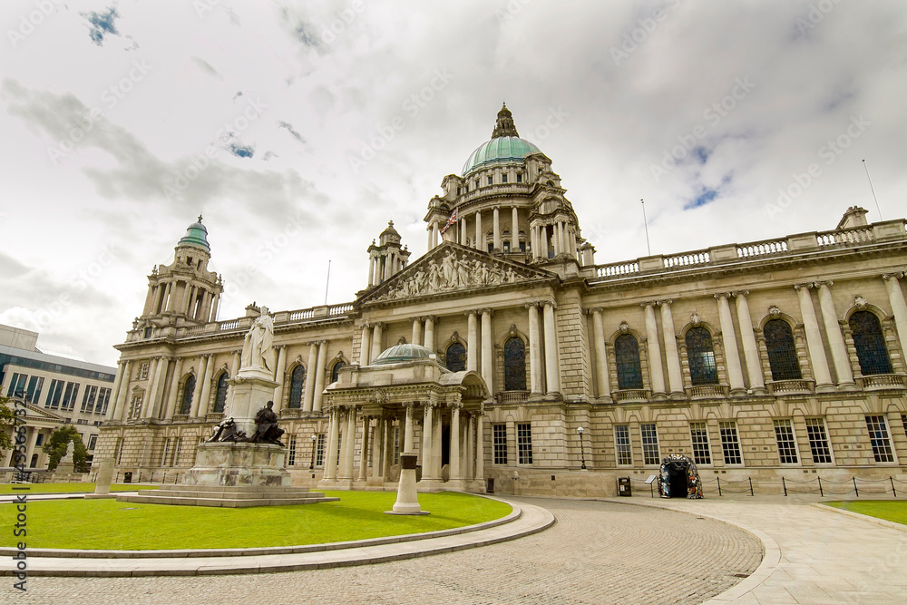 The Belfast city hall with queen Victoria sculpture. Northern Ireland, UK