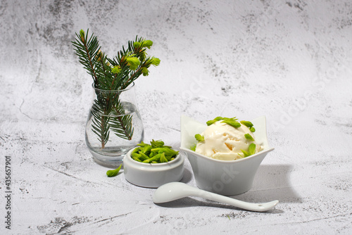 Ice cream with spruce tips.