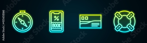 Set line Compass, Cruise ticket, Postcard travel and Lifebuoy. Glowing neon icon. Vector