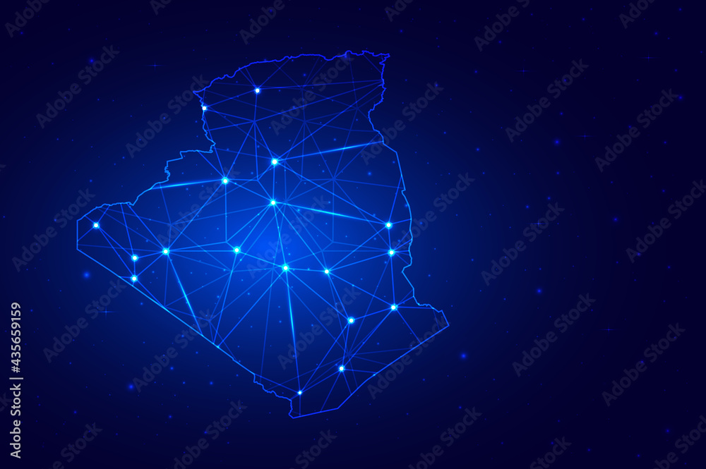 Abstract Map of Algeria from polygonal blue lines and glowing stars on dark blue background. Vector illustration eps10 Abstract Map of Algeria from polygonal blue lines and glowing stars on dark blue background. Vector illustration eps10
