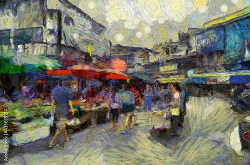 Landscape of the fresh market in the provinces of Thailand Illustrations creates an impressionist style of painting. © Kittipong