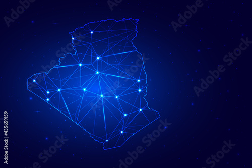 Abstract Map of Algeria from polygonal blue lines and glowing stars on dark blue background. Vector illustration eps10 © WH Graphic Design